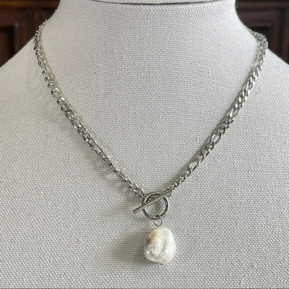 NEW Silver Plated Chain Link Baroque Freshwater Pearl Pendant Necklace 17.5in - Picture 2 of 7
